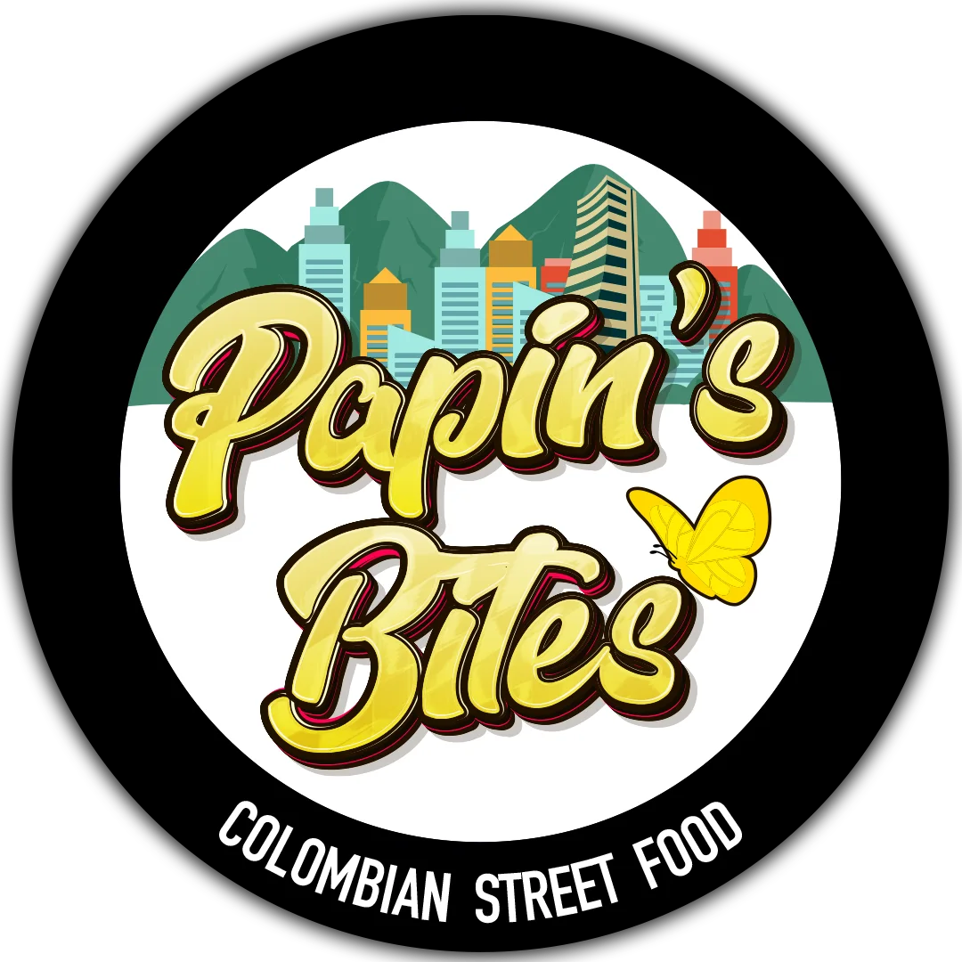 A colorful logo featuring the name 'Papin's Bites' with illustrations of a butterfly and city skyline in the background, emphasizing Colombian street food.