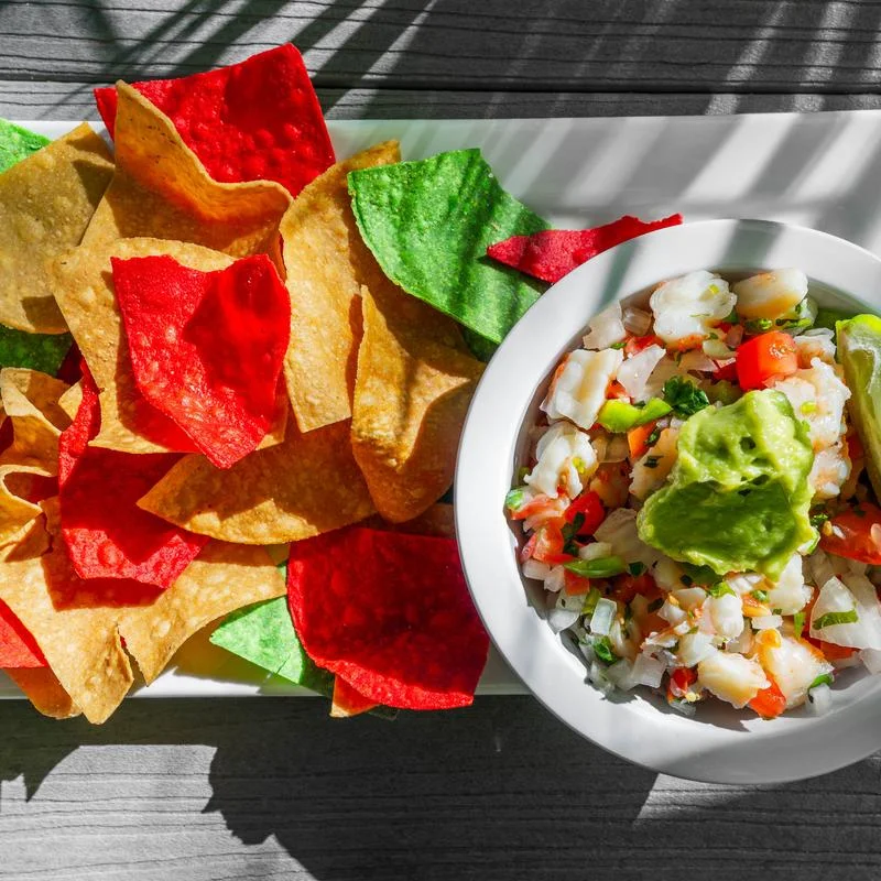 Mexican ceviche with guacamole and colorful tortilla chips