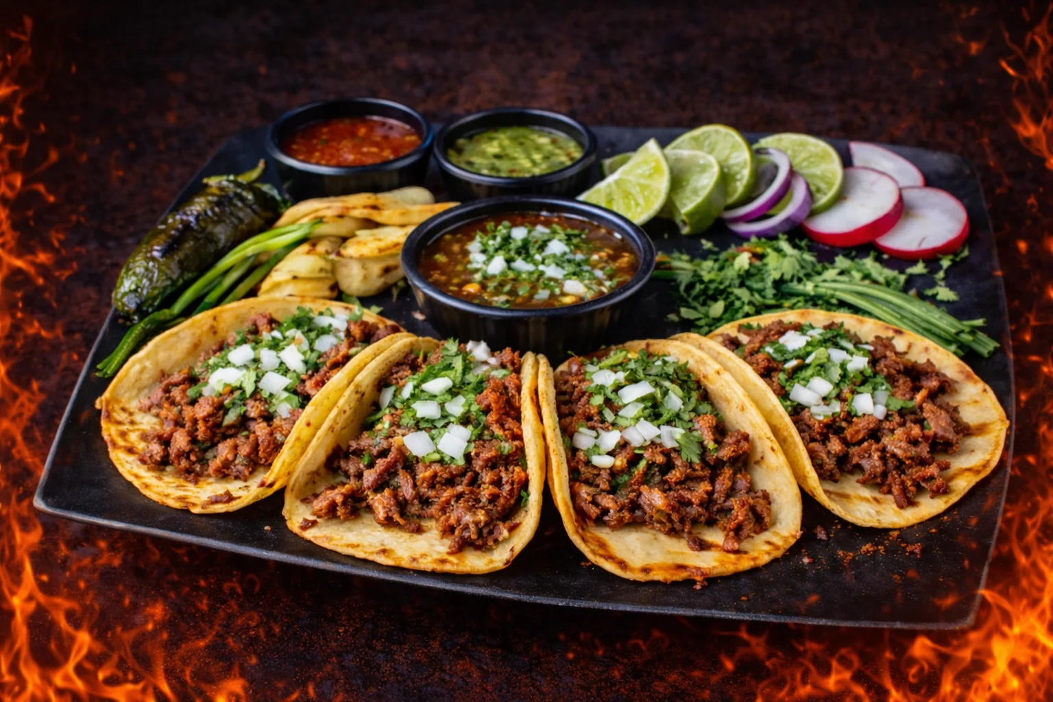 Authentic Mexican tacos al pastor with salsas and fresh toppings