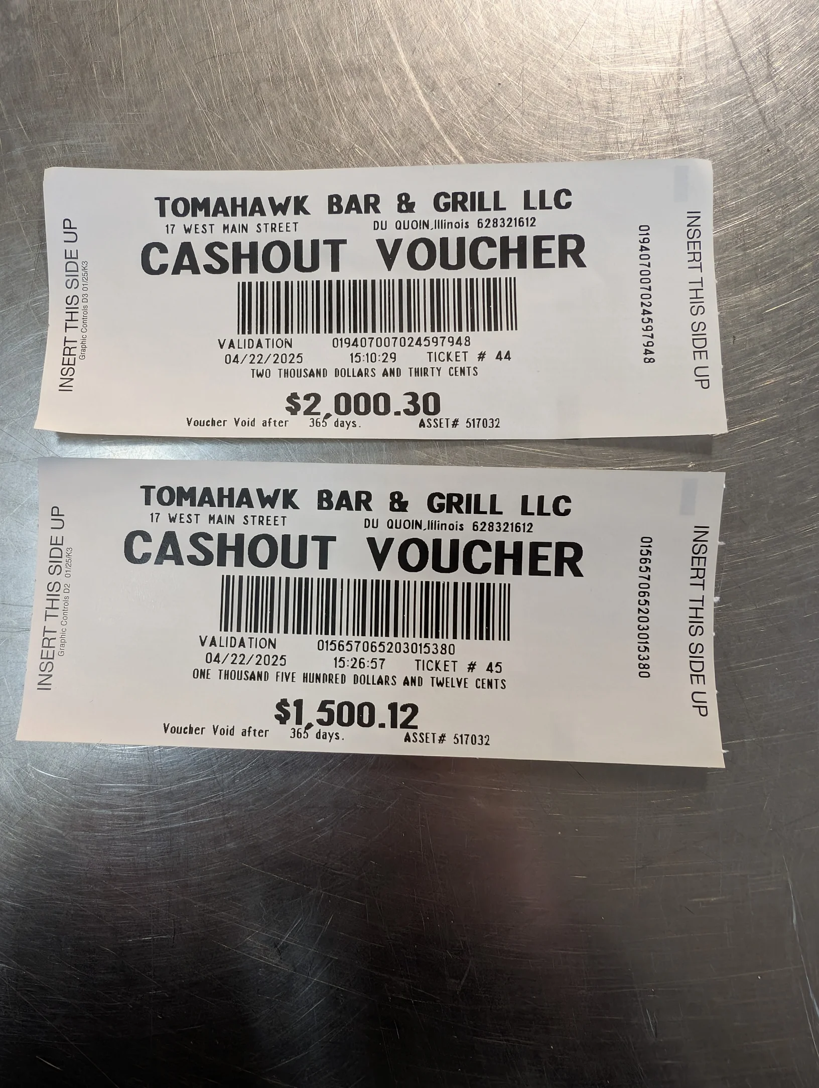 Cashout vouchers from Tomahawk Bar & Grill in Du Quoin, Illinois