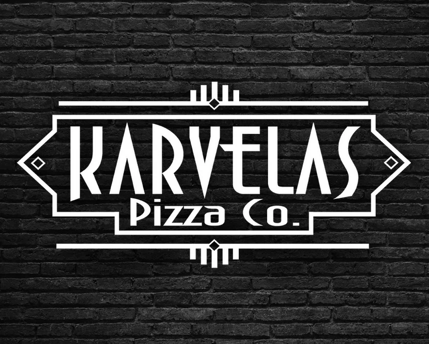Logo of Karvelas Pizza Co. on a brick background