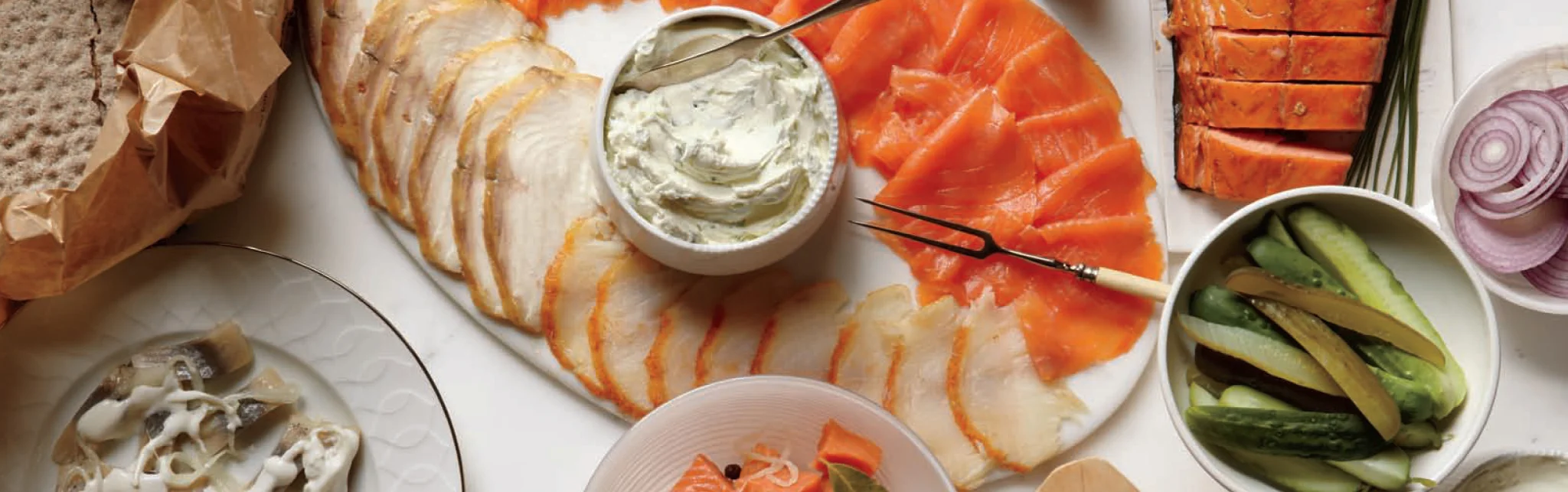 Scandinavian smorgasbord with cured fish and bread