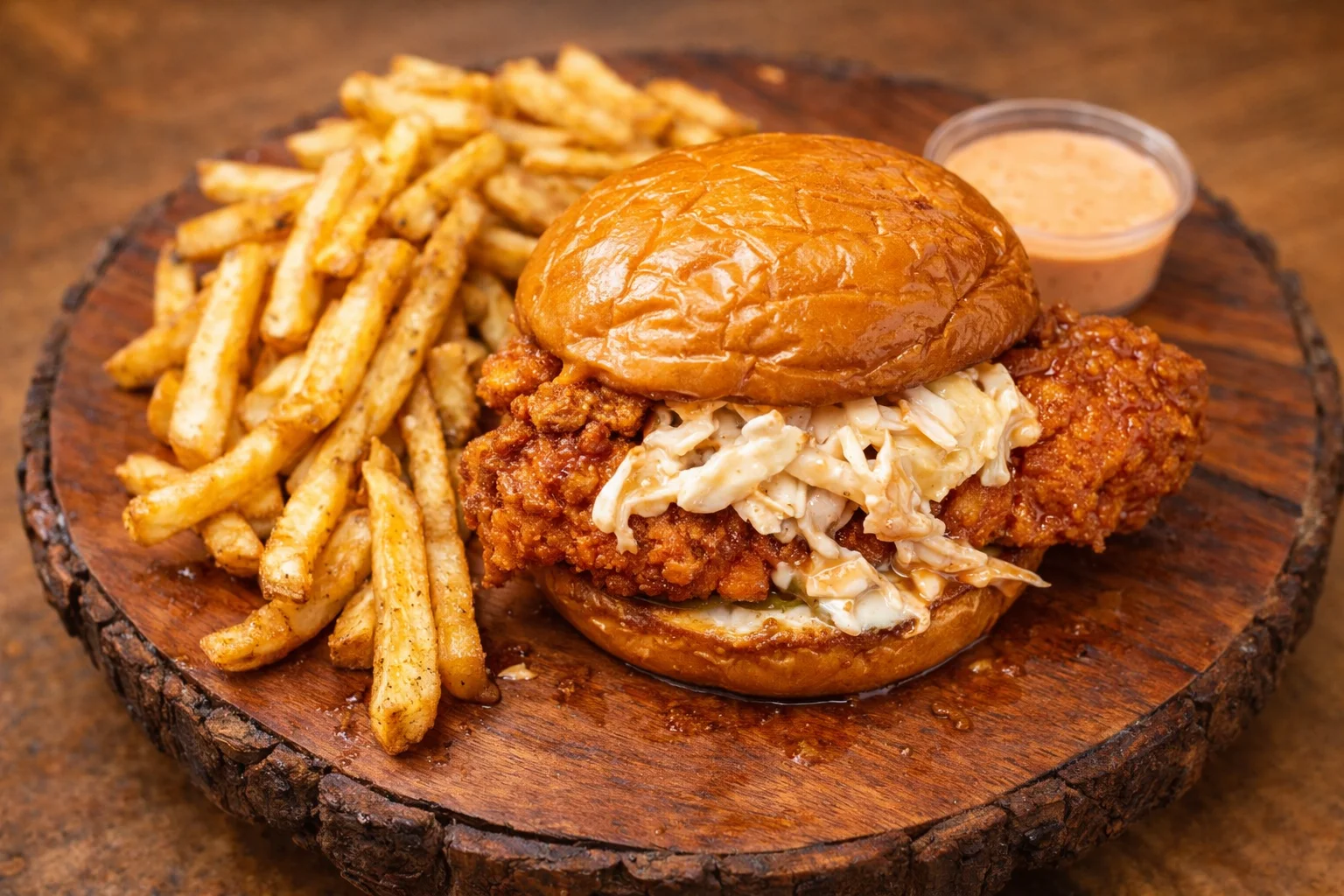 Southern fried chicken sandwich with coleslaw and fries