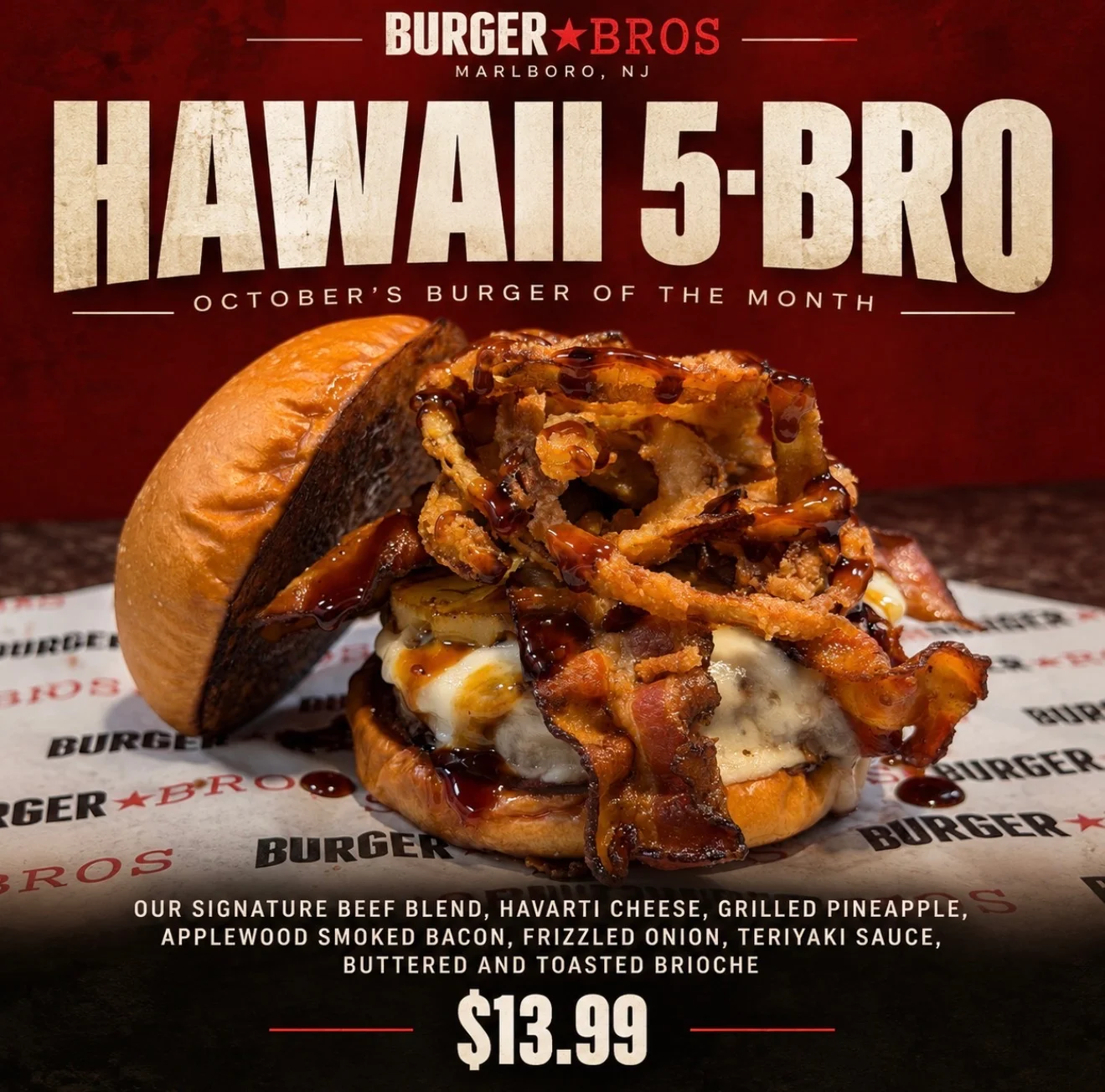 Juicy burger with toppings on a wooden table