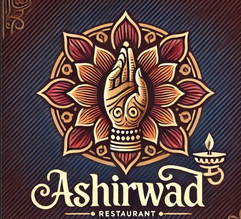 Logo of Ashirwad Restaurant featuring a hand and floral design