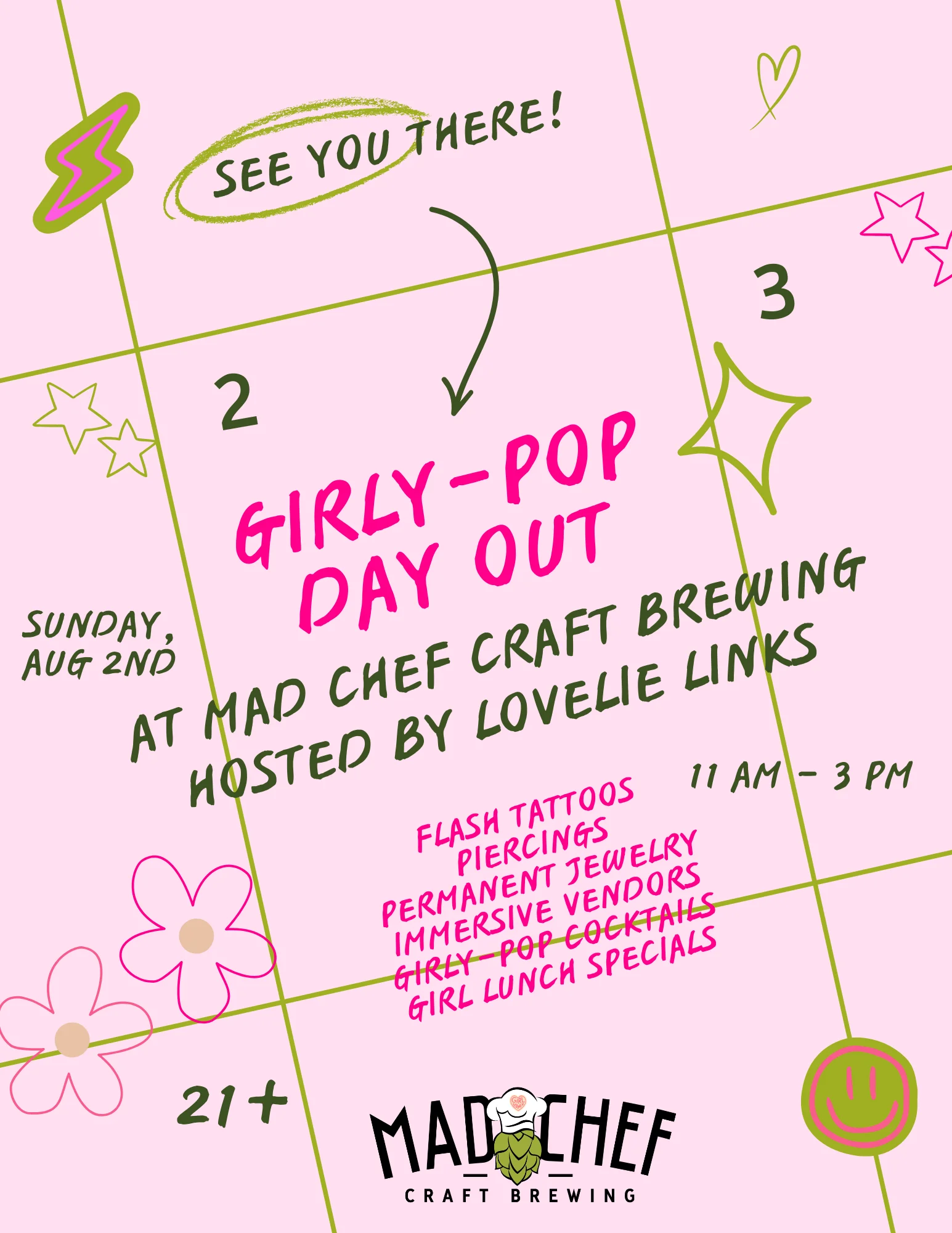 Event flyer for Girly-Pop Day Out at Mad Chef Craft Brewing
