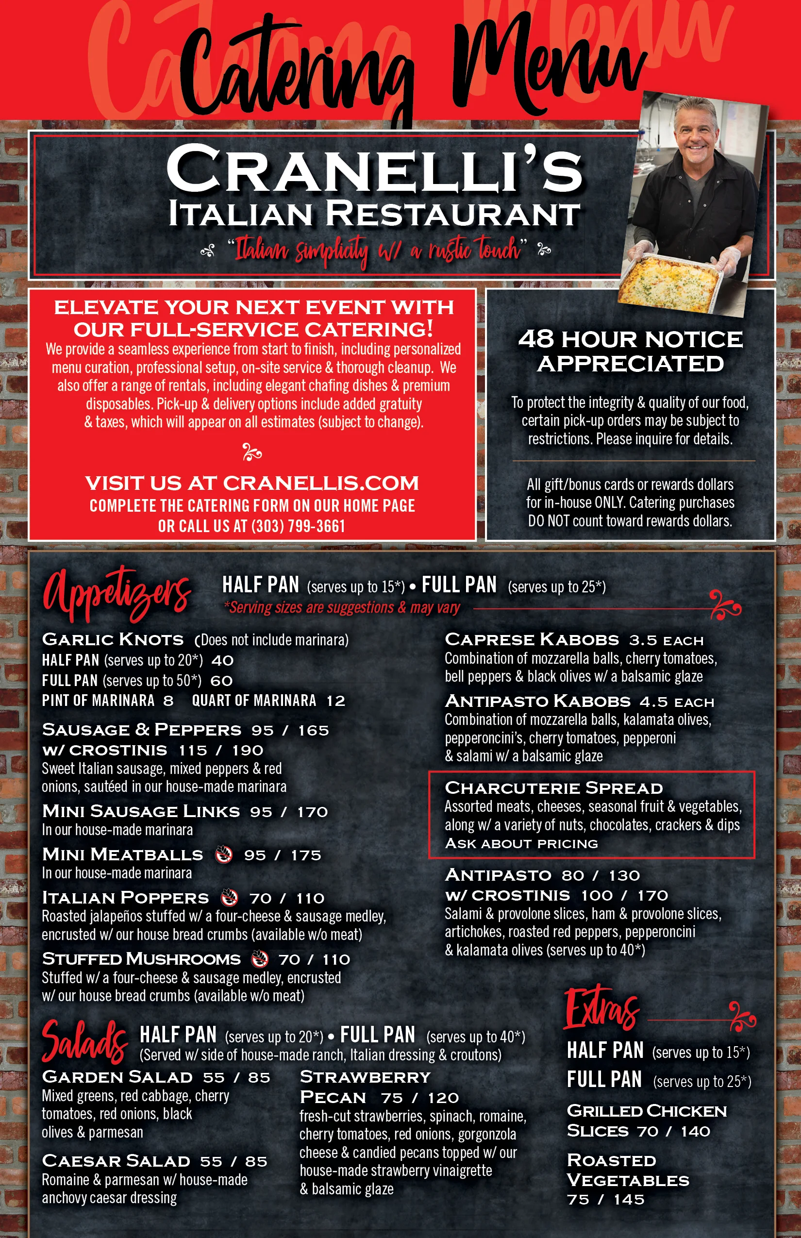 Catering menu for Italian cuisine with appetizers and salads