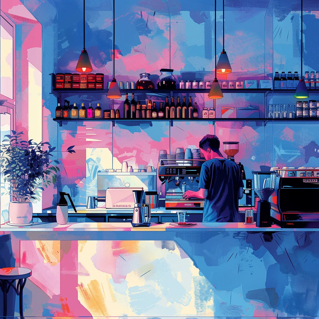Barista preparing coffee in a vibrant café interior