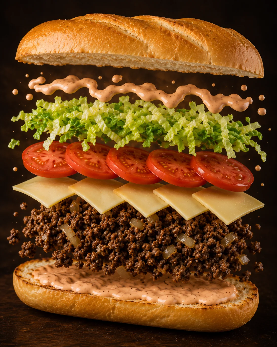 A stacked sandwich filled with seasoned ground meat, lettuce, tomatoes, cheese slices, and dressing, presented with a floating bun on top.