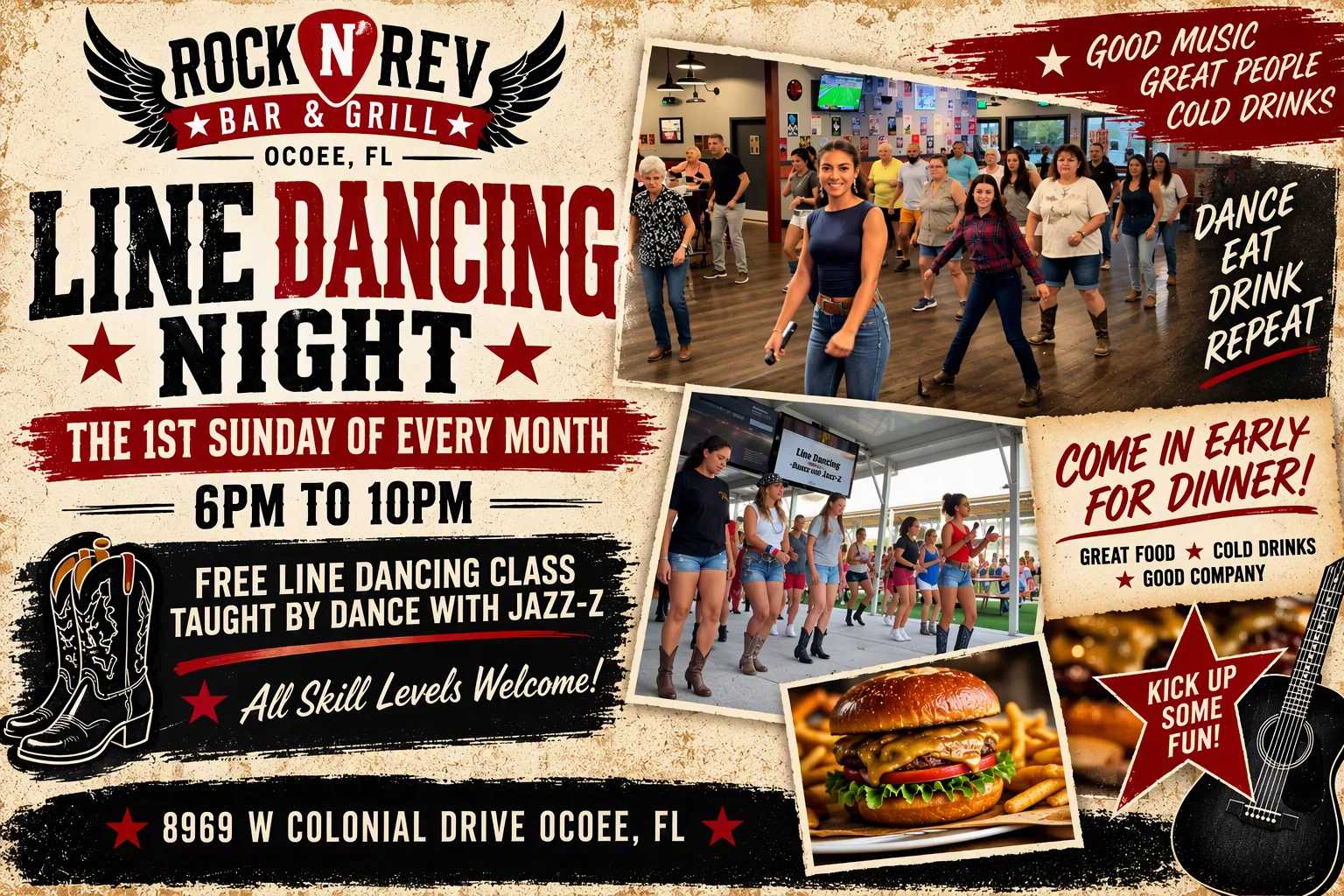 Line dancing night event poster at a Florida bar and grill