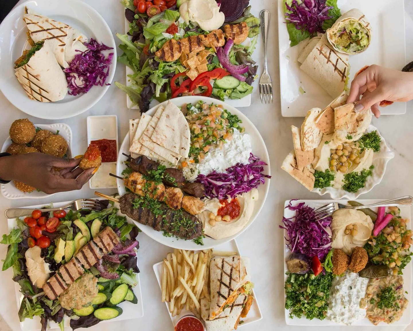 Mediterranean mixed grill platter with falafel and hummus