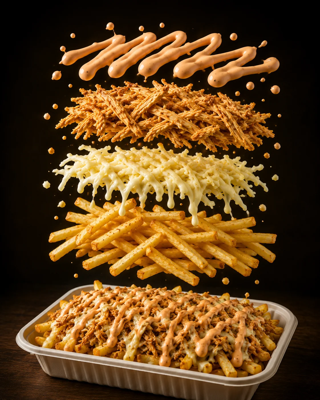 A mouth-watering display of loaded fries topped with various sauces and shredded ingredients, artistically arranged in layers.