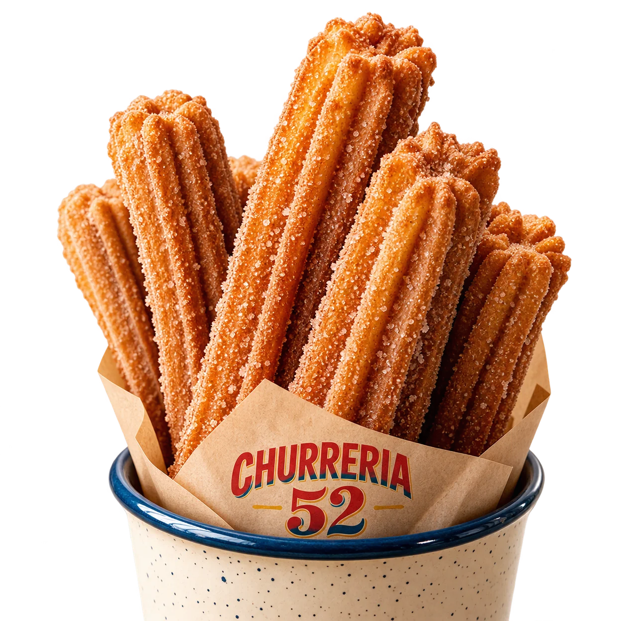 Delicious churros served in a rustic container, coated in sugar.