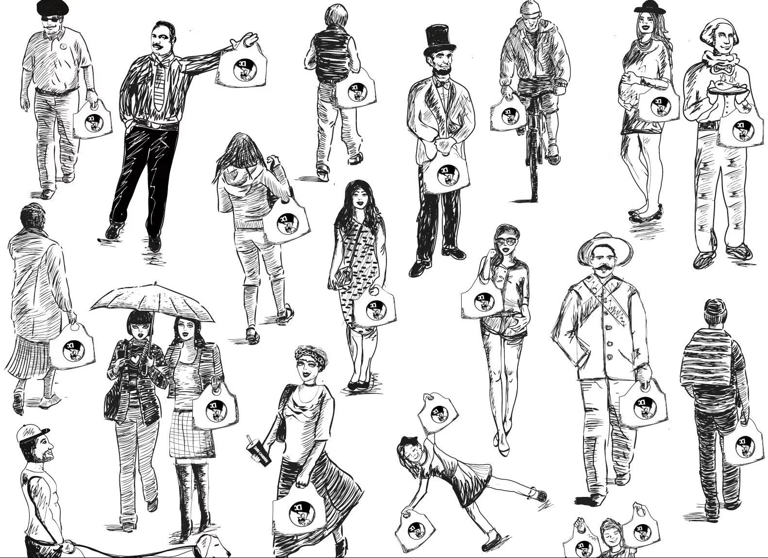 Illustration of diverse people carrying bags in a lively urban setting