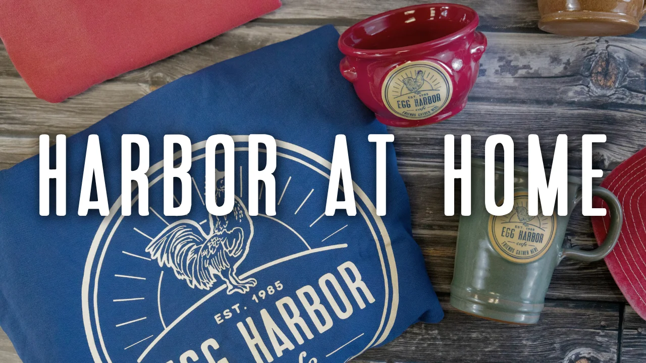 Merchandise display featuring Egg Harbor Cafe items