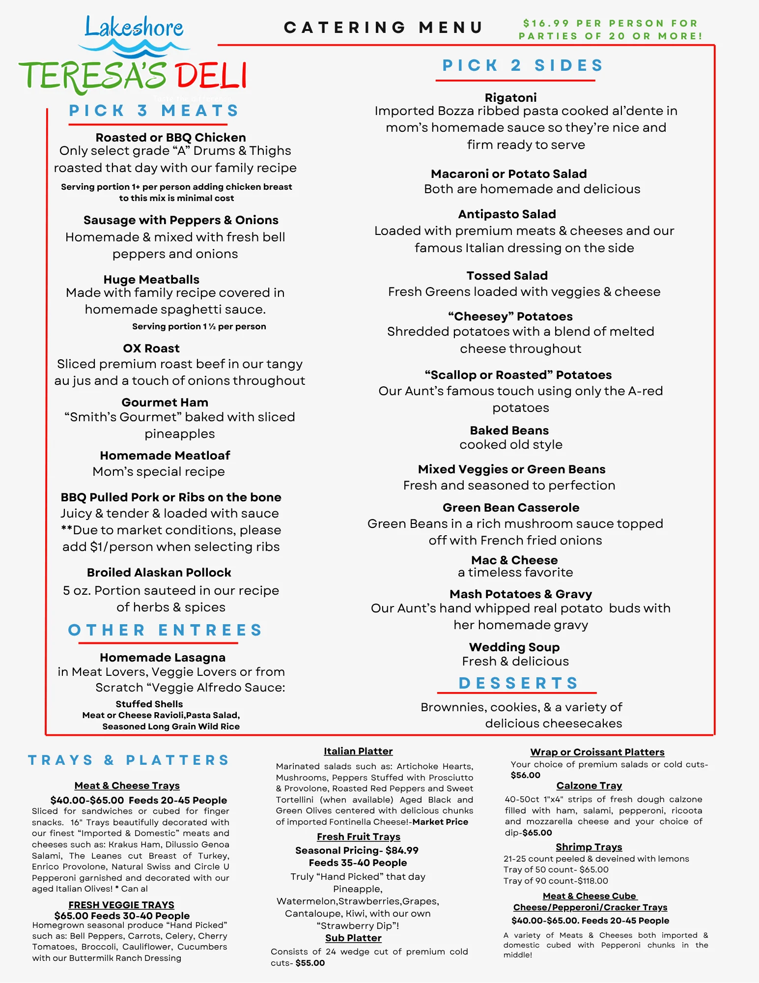 Catering menu featuring Italian deli dishes and family recipes