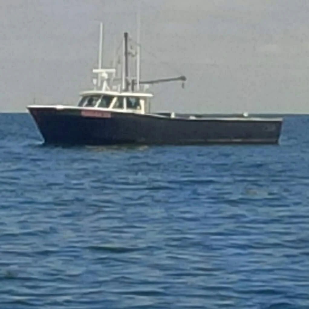 A fishing boat navigating through the water, loaded with crates. The boat is cutting through choppy waves under a cloudy sky.