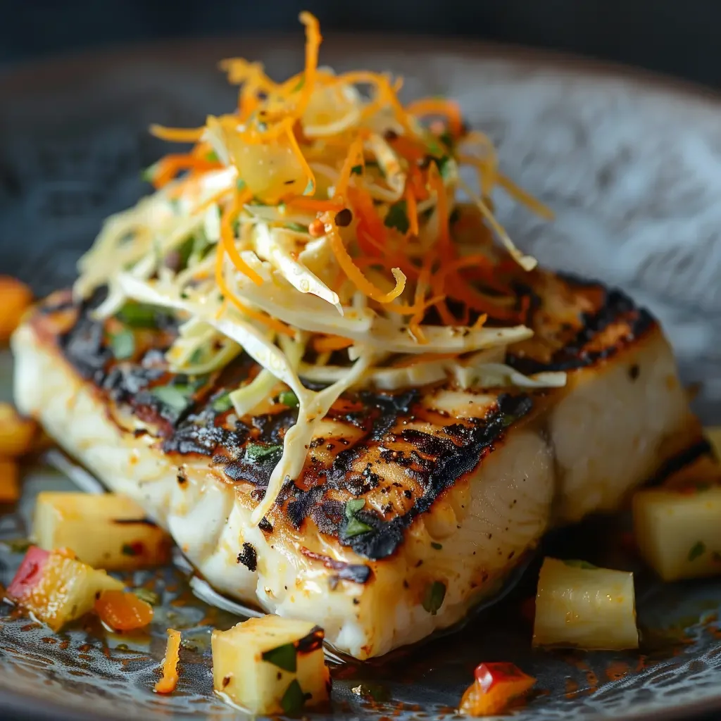 Char-grilled local mahi-mahi topped with citrus slaw at Seagrass Grille — romantic seafood restaurant in Hilton Head