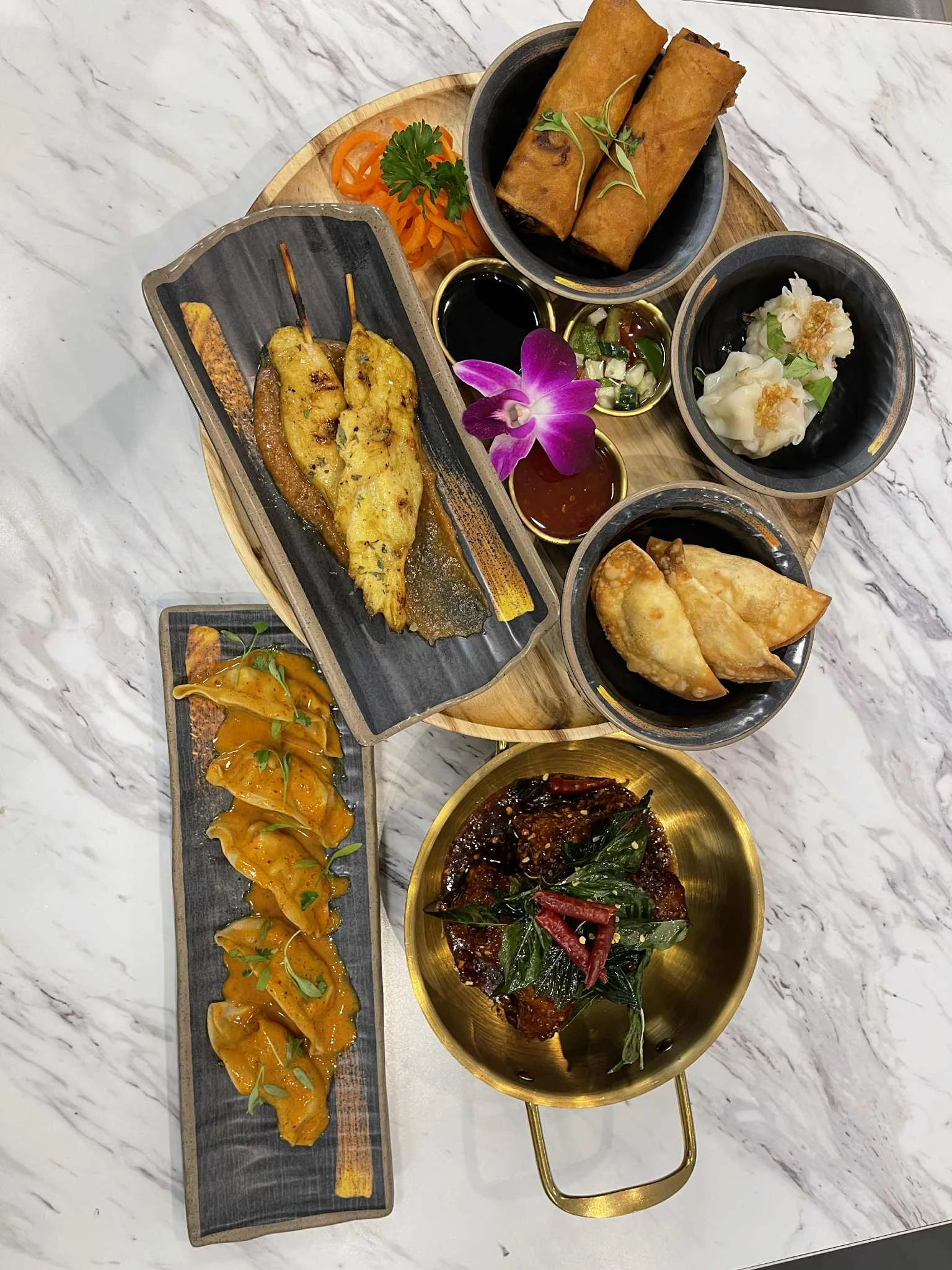 Assorted Asian appetizers including satay and dumplings