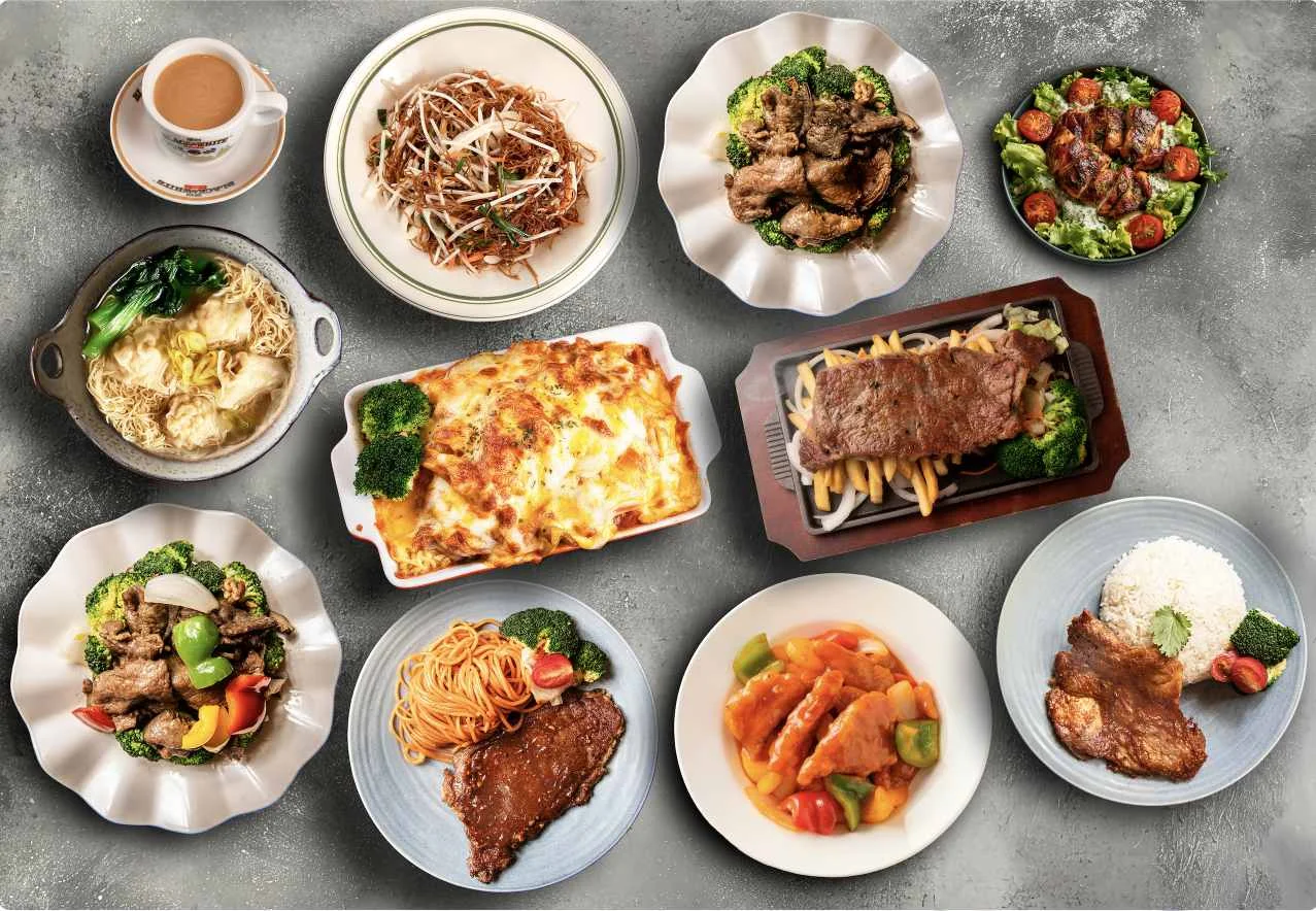 Assorted Asian dishes including stir-fry, noodles, and grilled meats