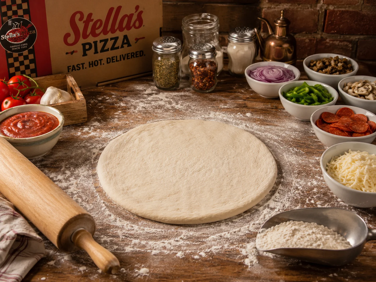Fresh pizza dough ready for toppings in a pizzeria