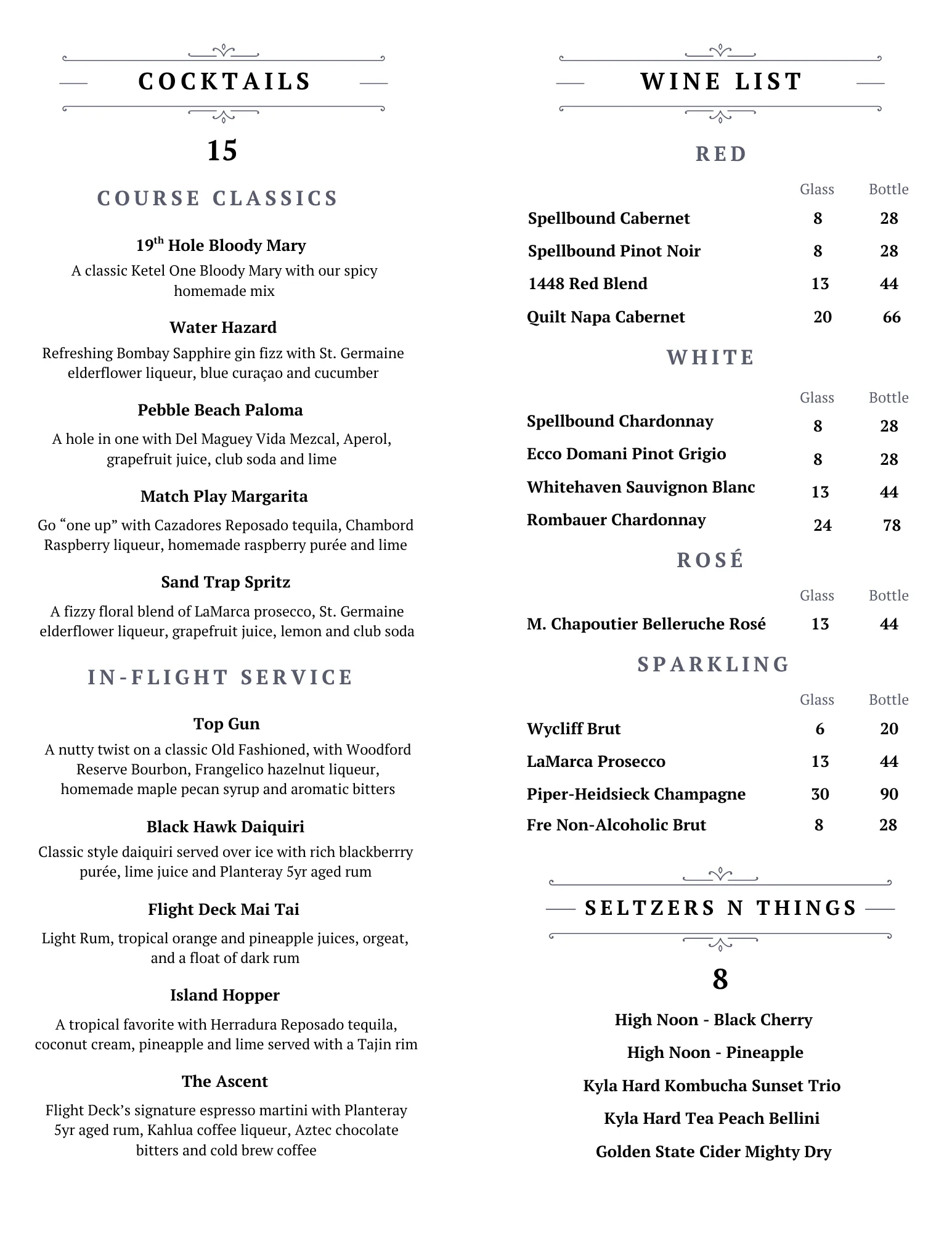 Cocktail and wine menu featuring diverse drink selections