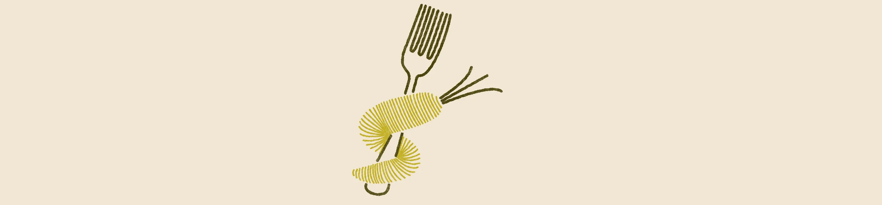 Illustration of a shrimp and fork, symbolizing seafood cuisine