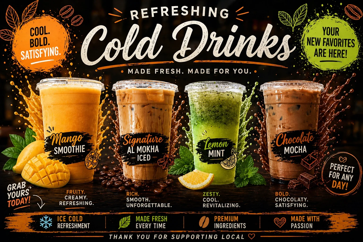 Four refreshing cold drinks: Mango Smoothie, Al Mokha Iced, Lemon Mint, Chocolate Mocha.