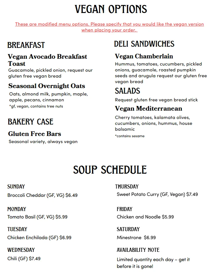 Vegan menu options featuring salads and sandwiches