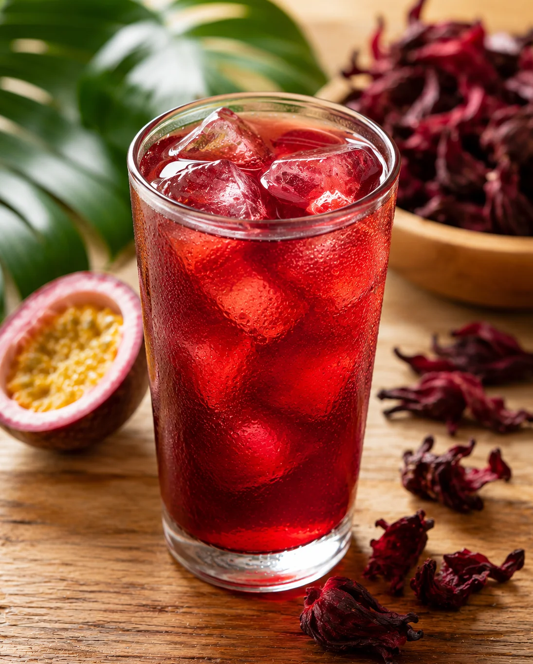 Refreshing hibiscus iced tea with ice cubes