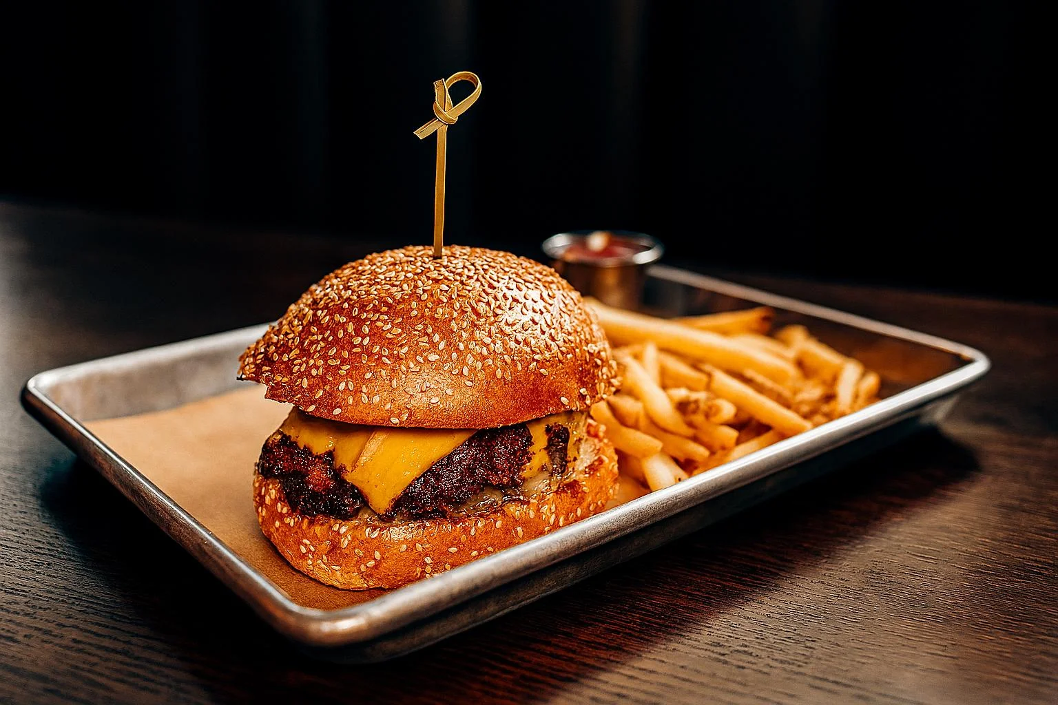 Juicy cheeseburger with fries served in a modern restaurant
