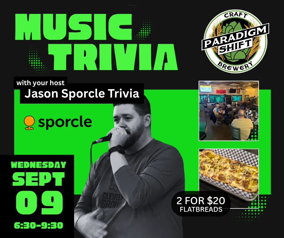 Trivia night at a brewery with flatbreads and lively atmosphere