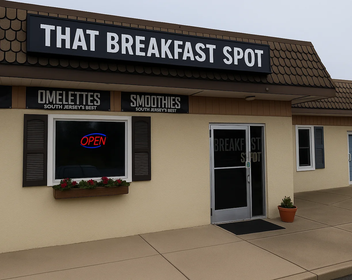 Exterior view of That Breakfast Spot restaurant with open sign