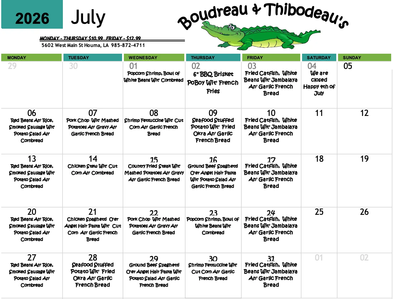 July menu for Boudreau & Thibodeau's restaurant featuring Cajun dishes