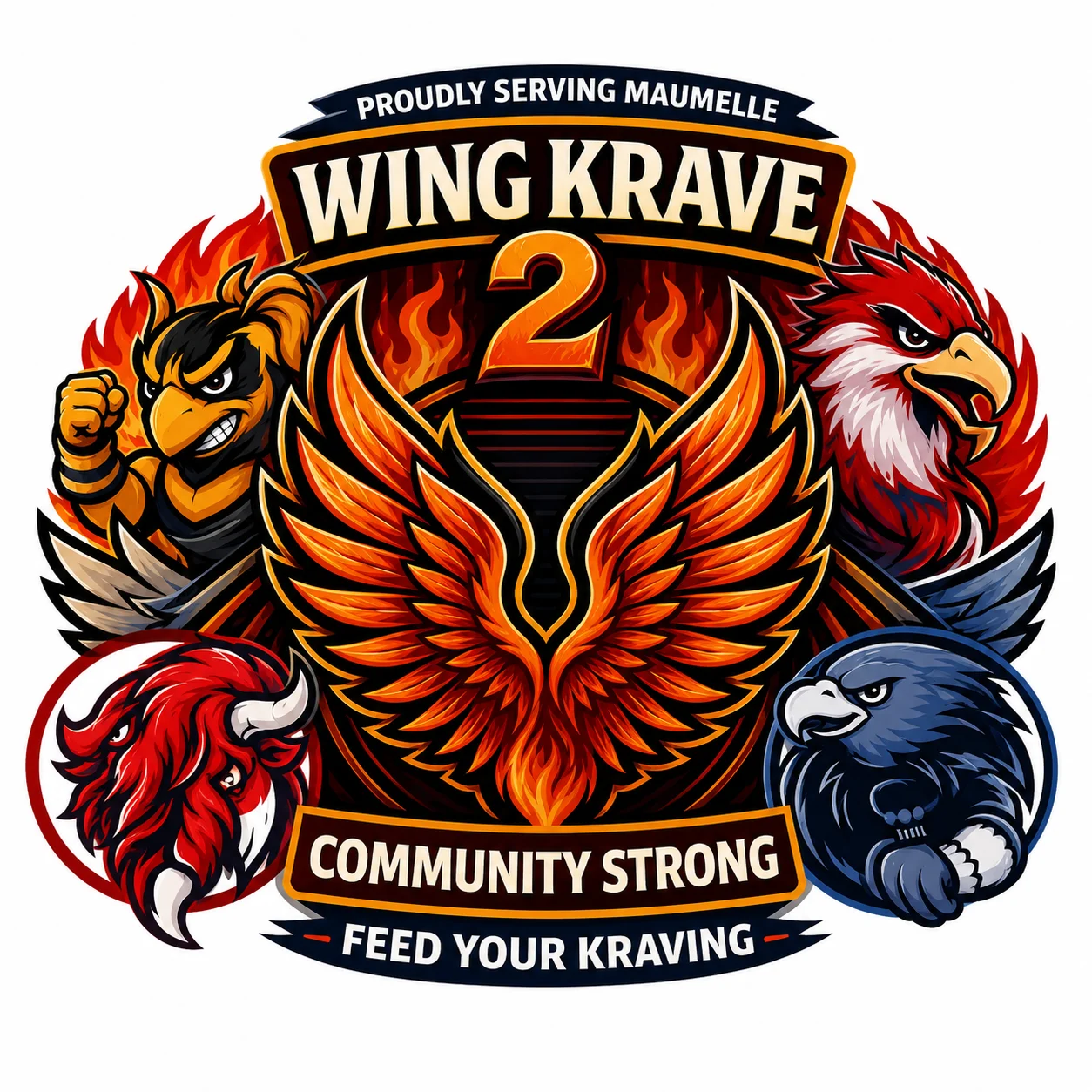 Wing Krave restaurant logo with colorful bird mascots and community slogan