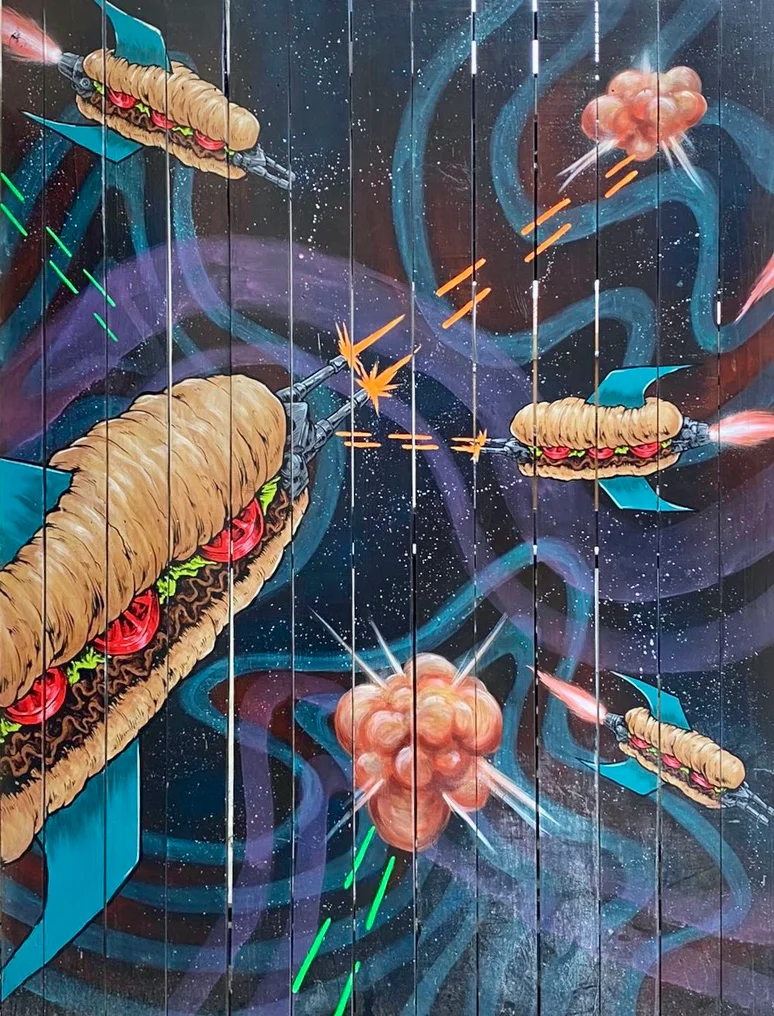 Colorful restaurant mural featuring illustrated sandwiches in a cosmic scene