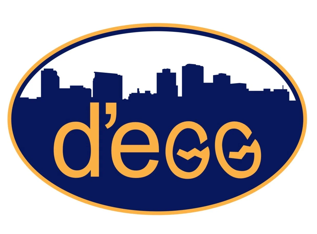 A logo featuring a silhouette of a city skyline with the text 'd'egg' in a bold orange font against a dark blue background.