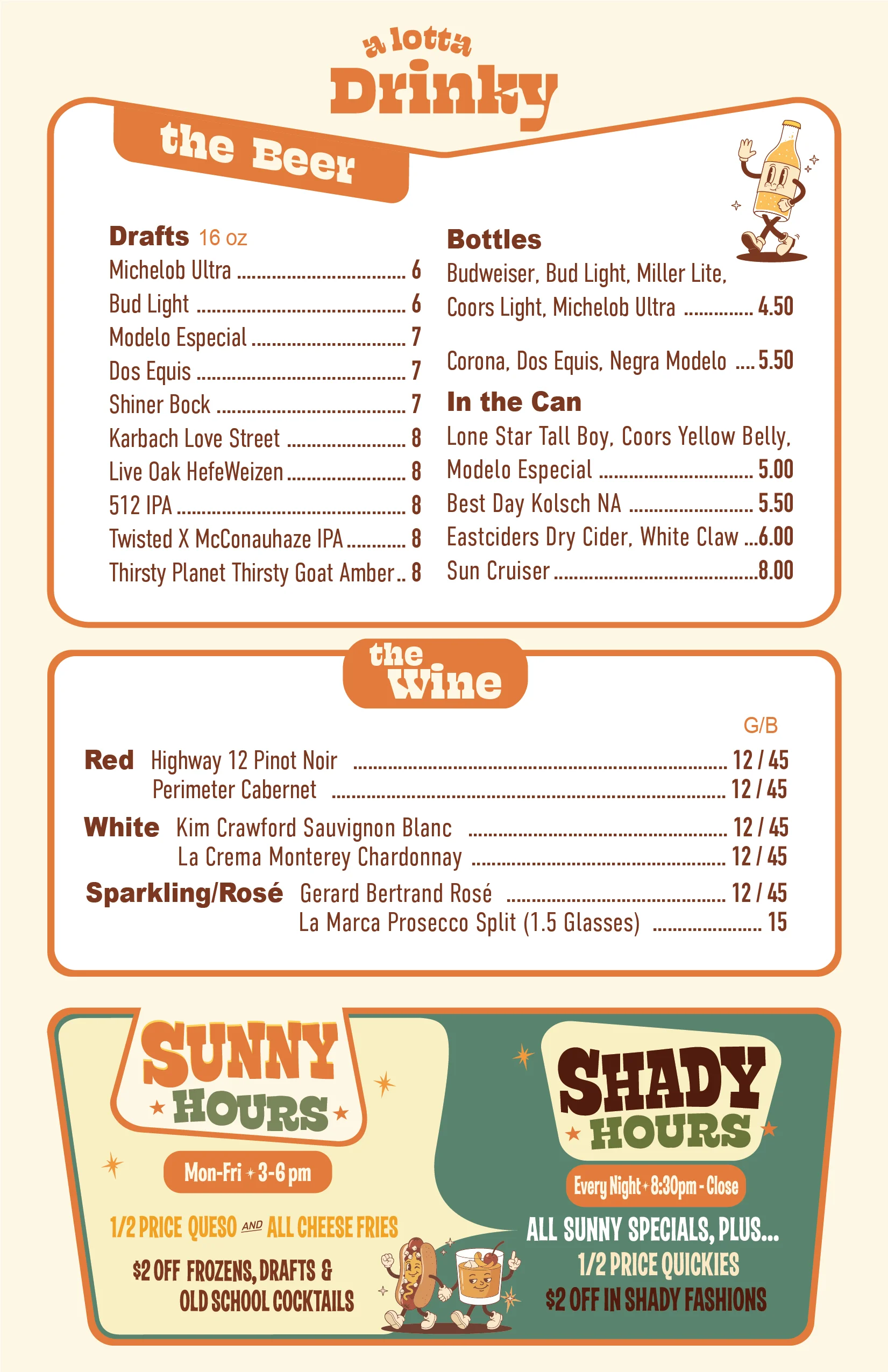 Drink menu featuring a variety of beers and wines