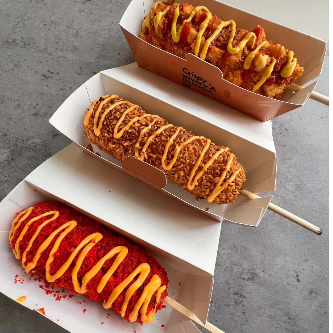 Korean corn dogs with various toppings