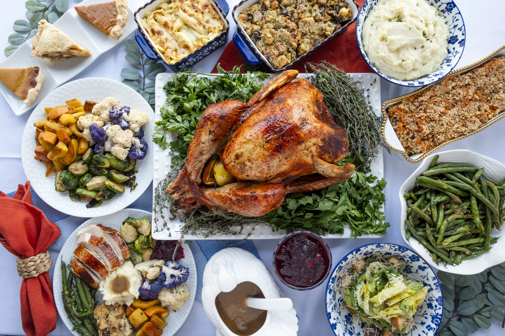 Thanksgiving feast with roasted turkey and seasonal sides