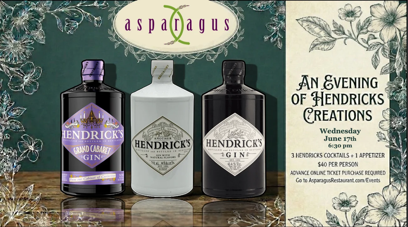 Event flyer for Hendrick's cocktail evening at Asparagus restaurant