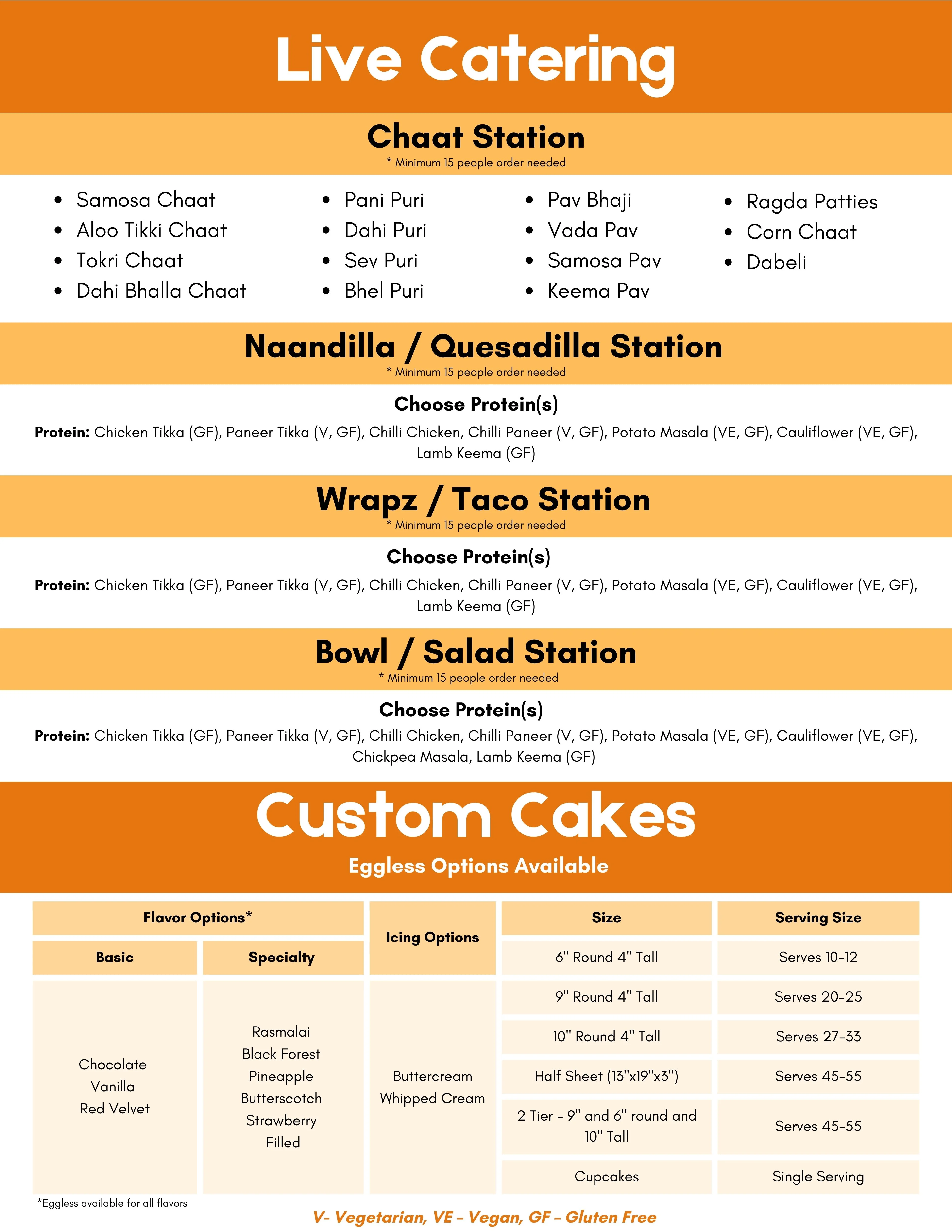 Live catering menu featuring Indian chaat and customizable options