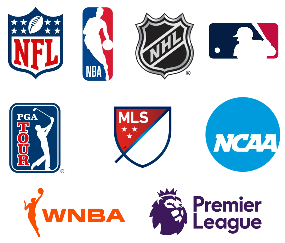 Logos of major sports leagues including NFL, NBA, and Premier League