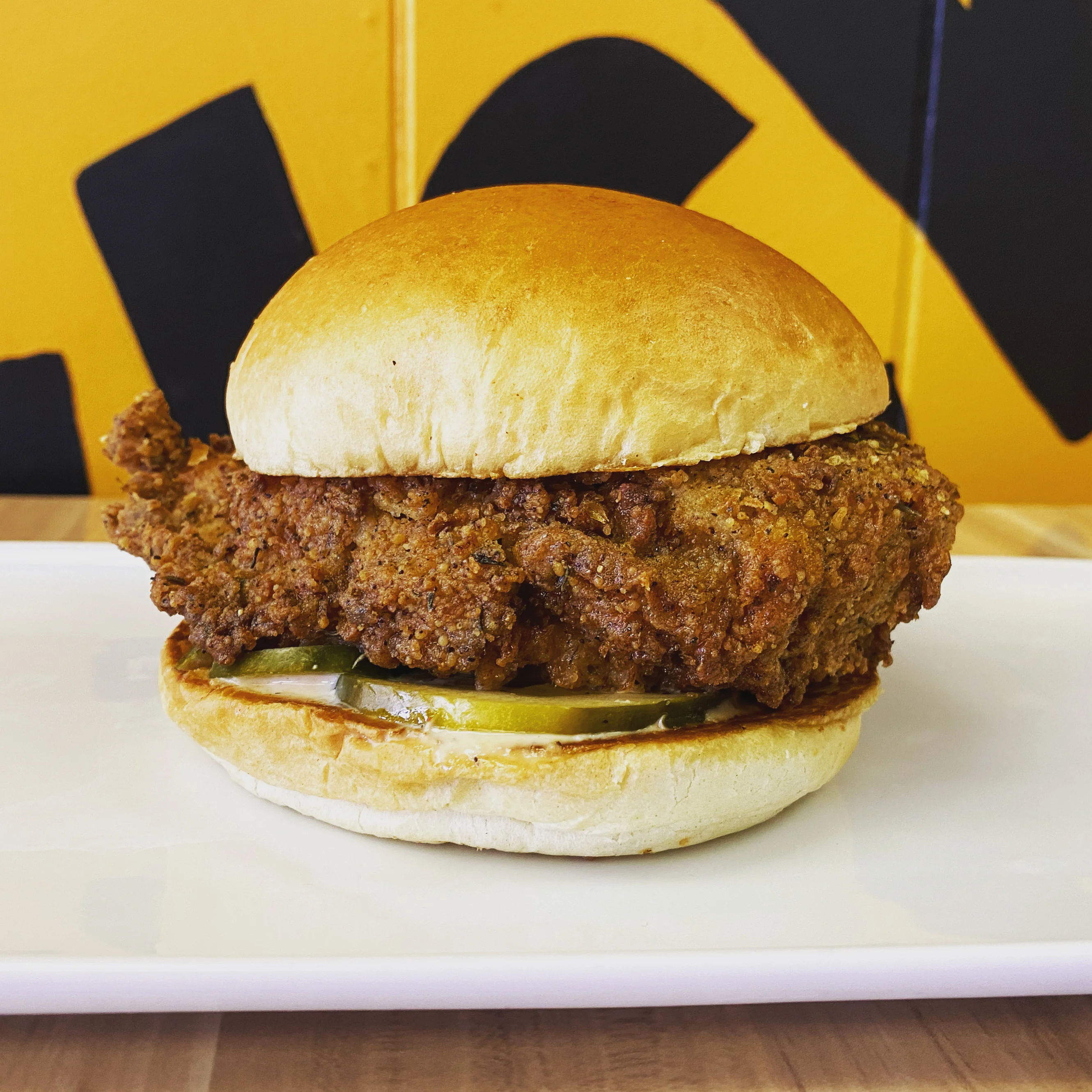 Crispy fried chicken sandwich with pickles