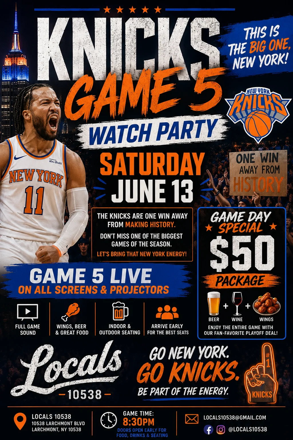 Knicks Game 5 watch party promotional poster