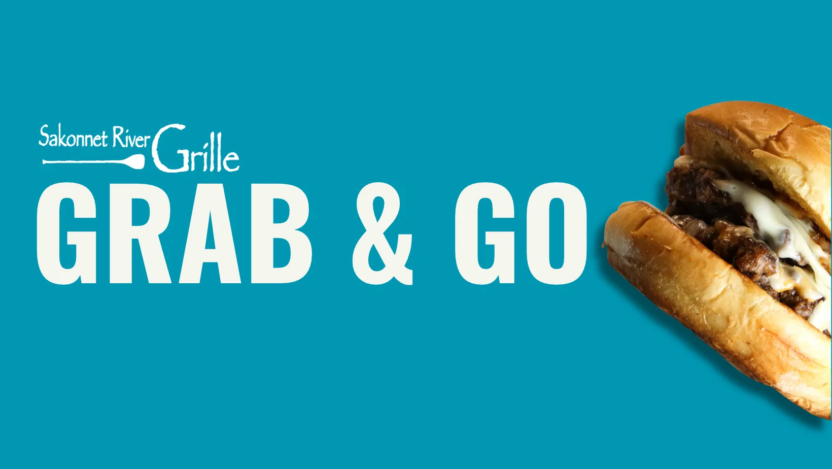 Promotional graphic featuring a grilled cheesesteak sandwich and restaurant branding