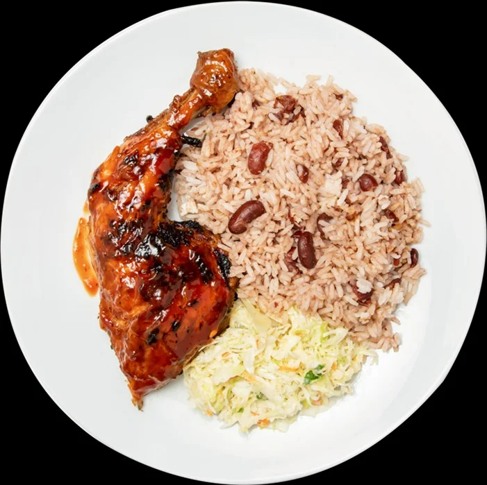 Jamaican jerk chicken with rice and peas