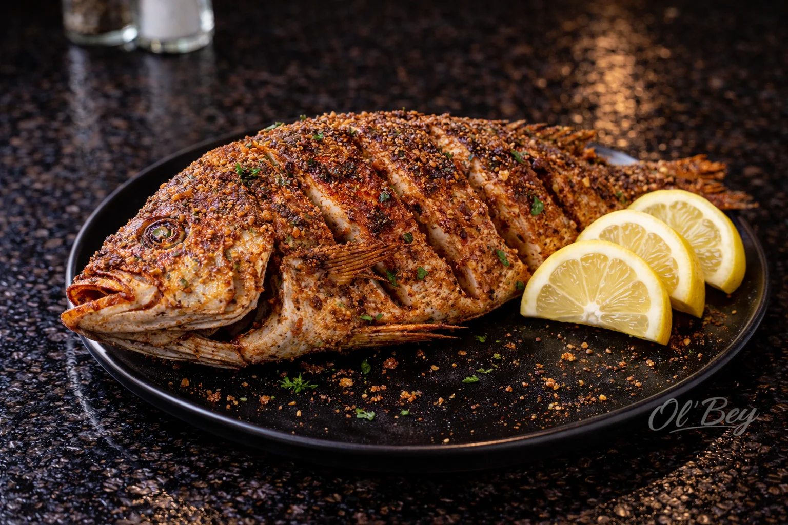 A whole seasoned fish, baked to perfection, garnished with lemon slices on a black plate.