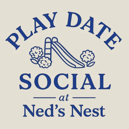 Logo for Play Date Social at Ned's Nest featuring a slide and flowers