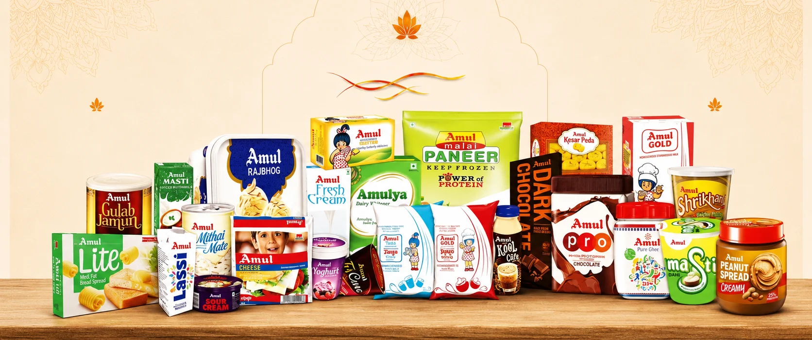 Variety of Amul dairy products displayed on a wooden table.